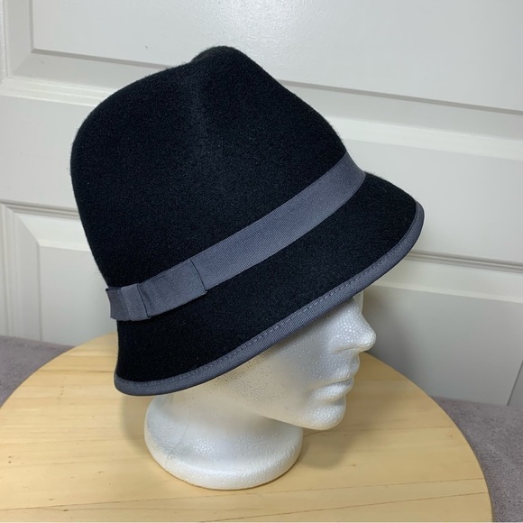 Attitude minimalist timeless black gray ribbon trim 100% wool fedora bucket hat - Picture 8 of 12